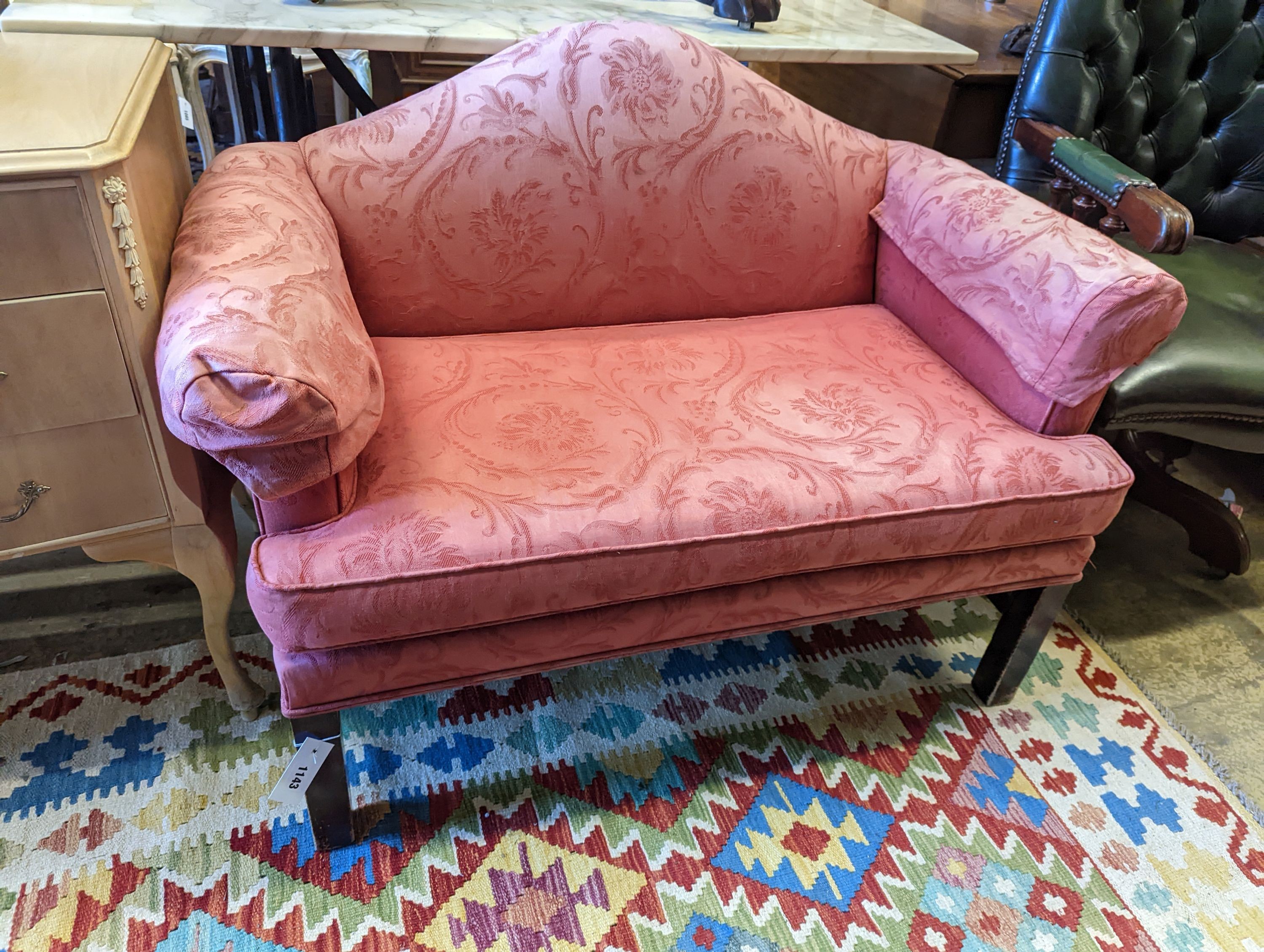 A George III style upholstered camel back window seat, length 110cm, depth 60cm, height 78cm